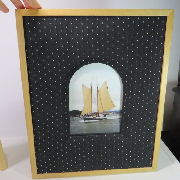 Solid Oak picture frame with glass & black brocade dotted fabric (pic removable) - Picture 1 of 9